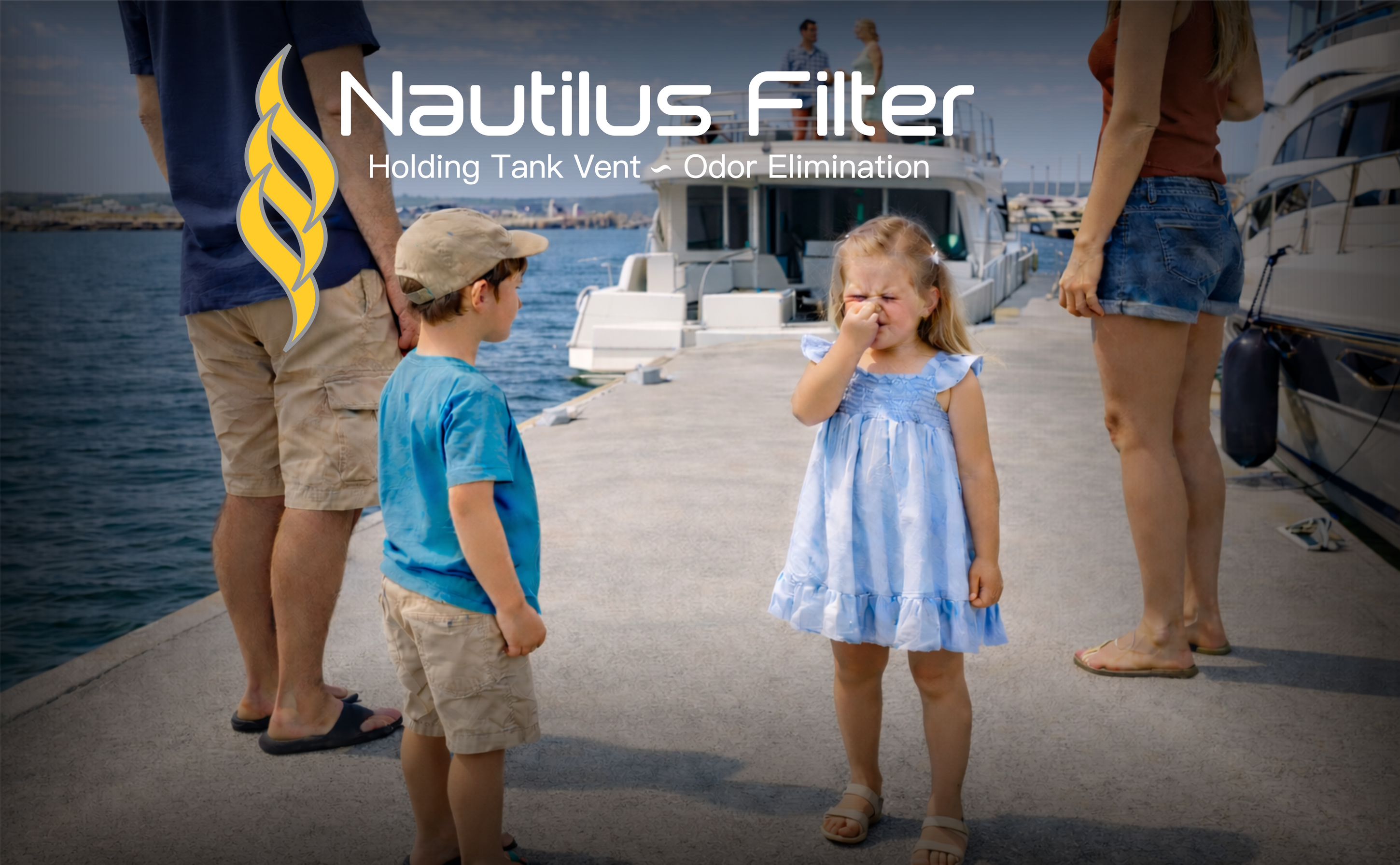 Family on marina dock - girl holding her nose from holding tank odor